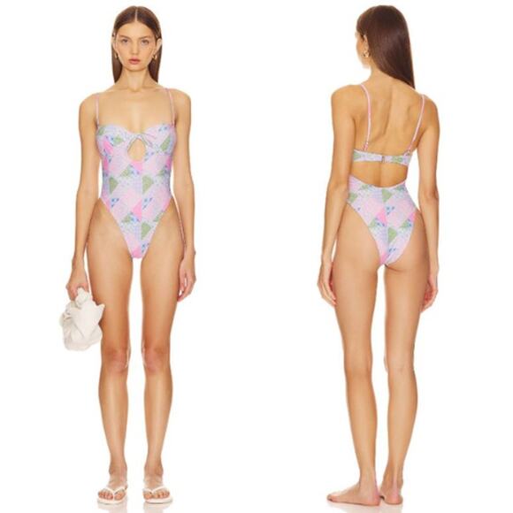 NWT Lovers + Friends In A Haze One Piece Keyhole Front Multi Patchwork Size XS